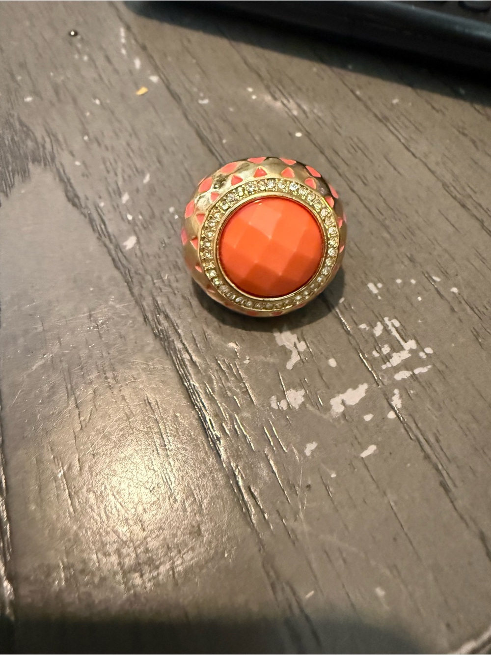 Gold-Tone Coral Statement Ring with Crystal Halo